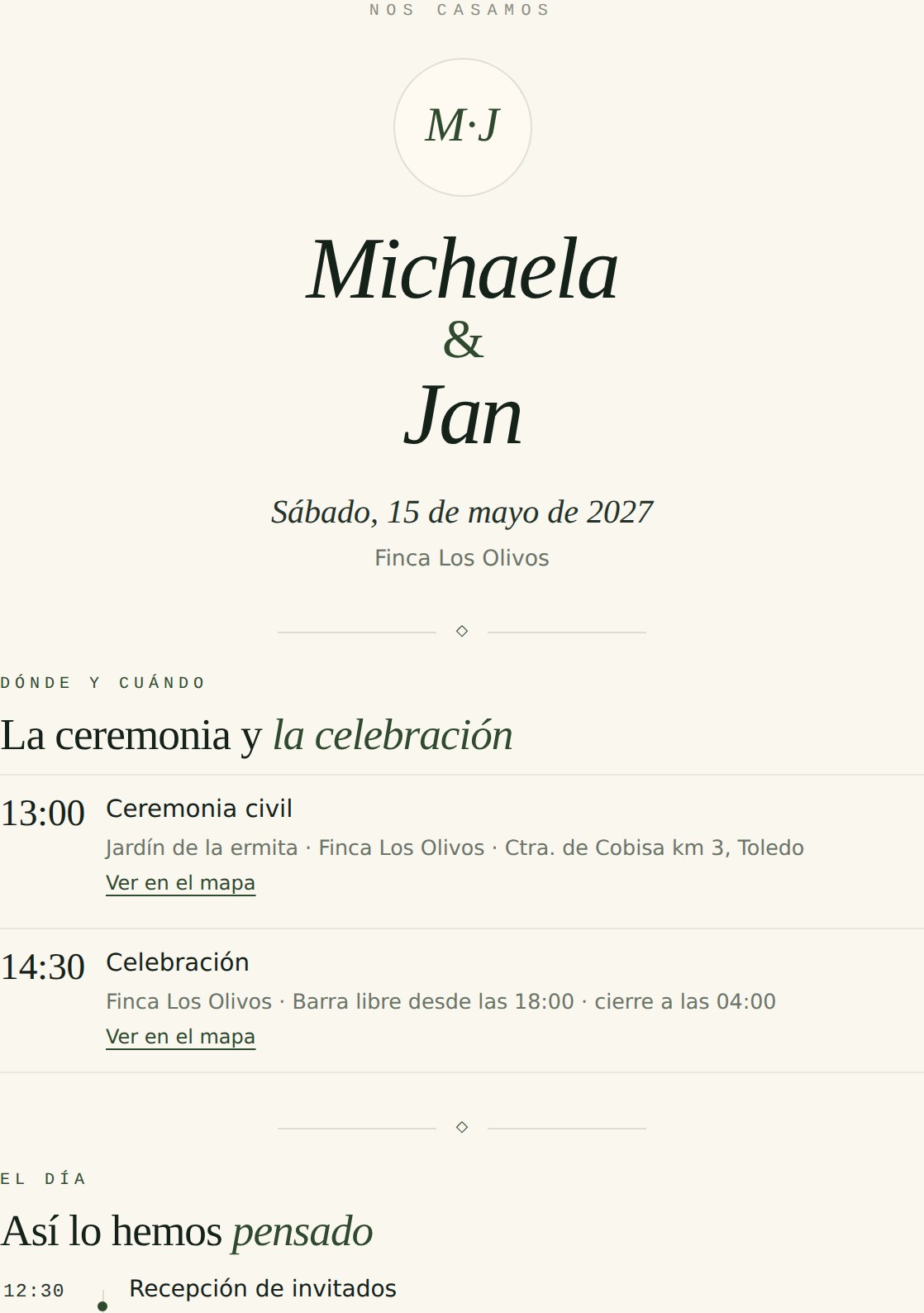 Portada de la invitación en PDF que genera Kofirma: nombres de la pareja, fecha y lugar de la boda