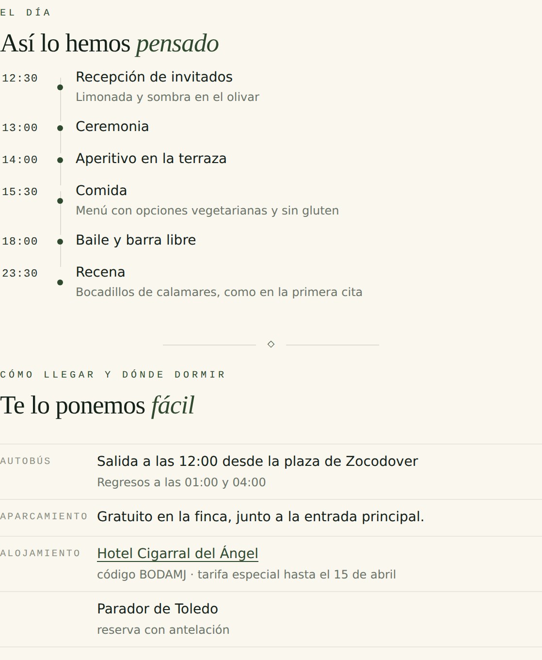 Página de la invitación con el programa del día y cómo llegar